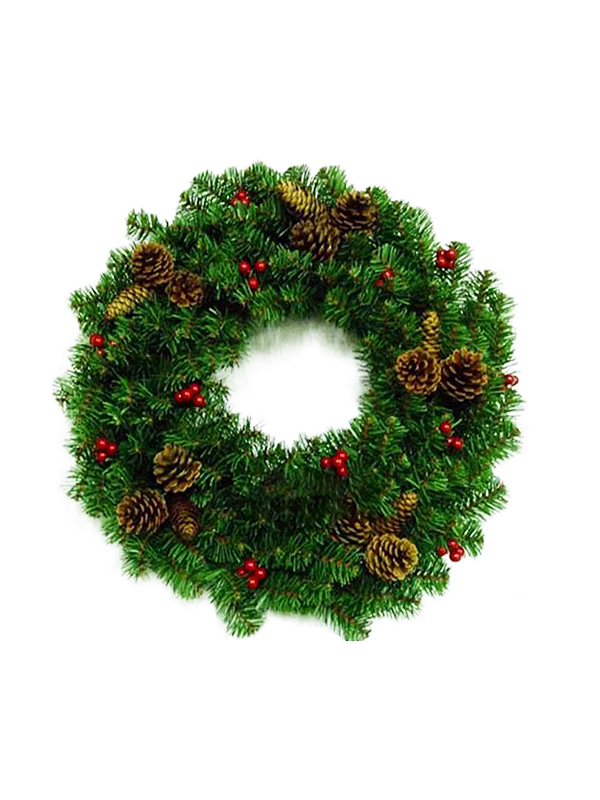 Kunstig julekrans med røde fyrrekogler
